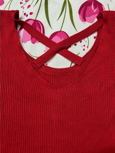 Red Ribbed Crossover Back Top