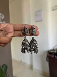 Oxidised Silver Peacock Jhumka Earrings
