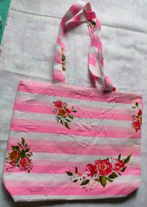 Pink Floral Striped Tote Bag
