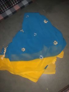 Blue and Yellow Saree with Floral Embroidery