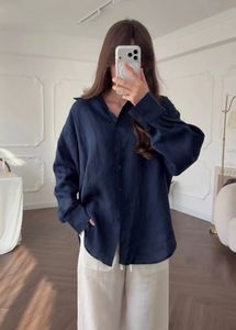 Mango linen Navy Blue Button-Up Shirt