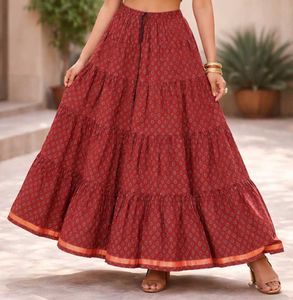 Elegant Maroon Printed Tiered Long Skirt