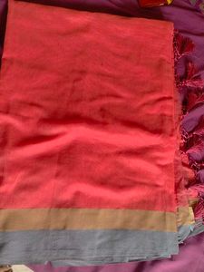 new peach saree with scalp thread on boarder