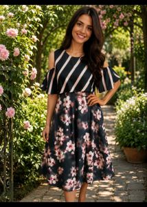 Chic Striped & Floral Cold Shoulder Dress