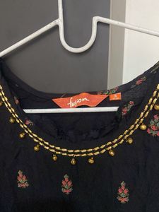 Elegant Black Kurta with Embellished Neckline