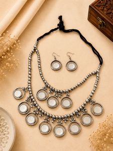Bohemian Oxidized Silver Mirror Necklace Set
