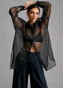 Sheer Striped Button-Up Shirt