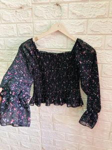 Black Floral Smocked Square Neck Top🎗️
