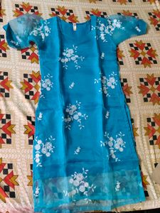 Teal Blue Organza Kurti with Sheer Puff Sleeves