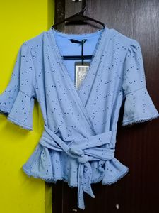 Tokyo Talkies Blue V Neck Schiffli Top