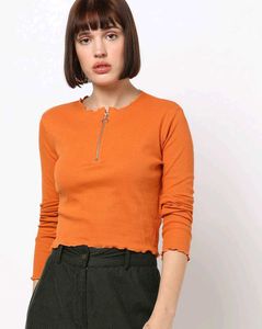 Orange Zip Neck Lettuce Trim Top