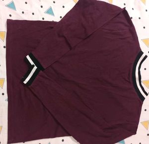 Maroon V-Neck Striped Trim Top