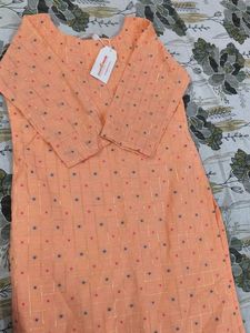 Peach Kurta with embroidery and golden lace work