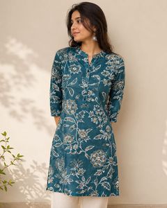 Teal blue printed long kurti
