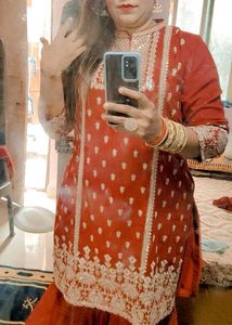 Red Embroidered Kurta Garara set