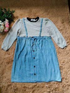 Striped Long Sleeve Denim Dress for girls