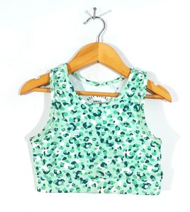 Green Printed Active Wear Top For Girl's
