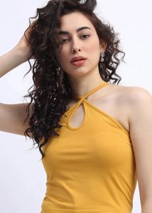 Yellow Ribbed Halter Neck Crop Top
