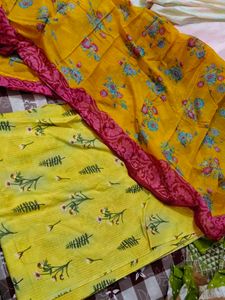 Yellow Floral Print Kurta Set with Dupatta