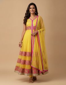 Vibrant Yellow Kurta Set with Pink Embroidery