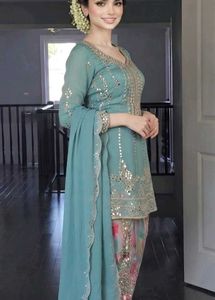 Beautiful Teal Kurta Set with Mirror Work