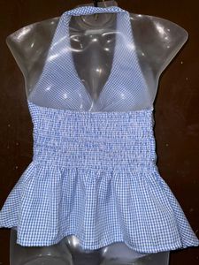 Blue Gingham Twist Halter Top