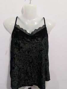 Black Velvet Cami Top with Lace Trim