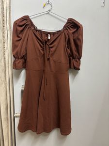 Brown Puff Sleeve Mini Dress