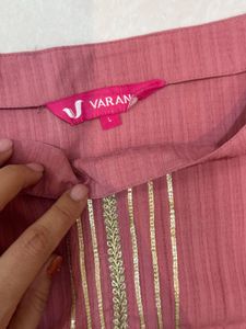 Pink silk crepe striped Kurta Set with Dupatta