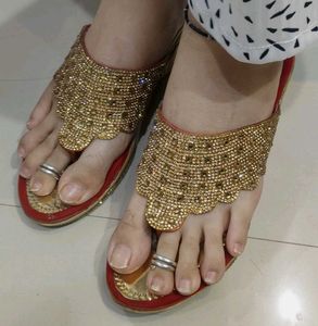 Elegant Golden &amp; Red Partywear Sandals