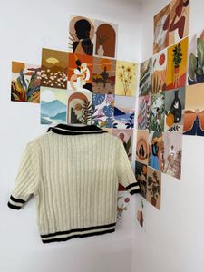 Cream &amp; Black Striped Collared Knit Top