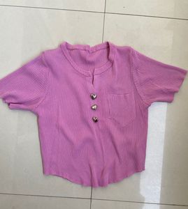 Pink Ribbed Crop Top with Heart Buttons