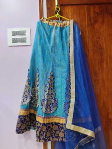 Turquoise blue Net Lehenga, Blouse, Dupatta Set