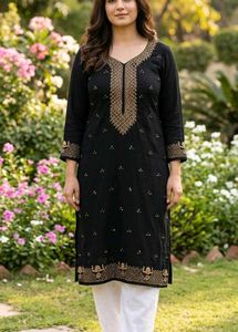 embroidery Black Kurta with White zip Pants Set