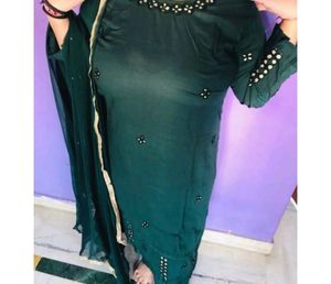 Green Kurta Set With Embroidery Pant And Dupatta.