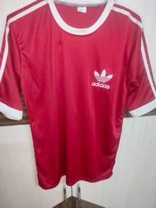 Classic Adidas Red T-Shirt with White Stripes