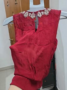 Zara Wine Red Embellished Neck Sleeveless Blouse