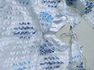 Elegant White Blue Leaf Print net Kurta Set