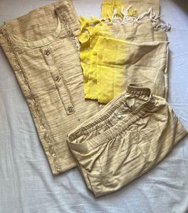 khadi silk Beige Kurta Set with Yellow Dupatta