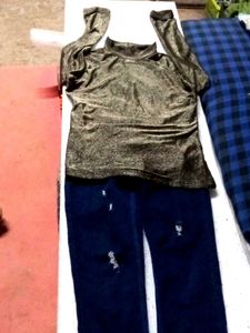 Sparkly Gold Mock Neck Top with jeans