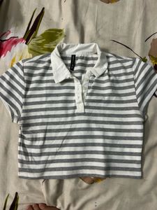 Gray and White Striped Polo Crop Top