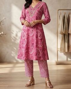 Pink Paisley Kurta Set with Striped Pants