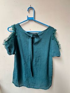 Teal Ruffle Cold Shoulder Cut Top