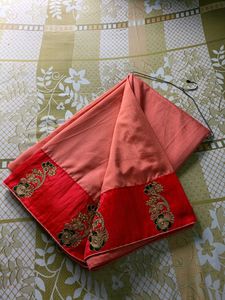 Elegant Peach &amp; Red Embroidered Saree