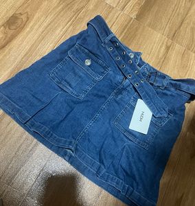 Blue Denim Mini Skirt with Belt