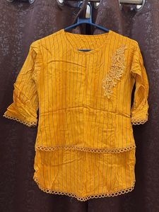 Yellow Striped Kurta with Lace