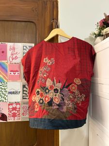 Red Floral Print Short Sleeve Top