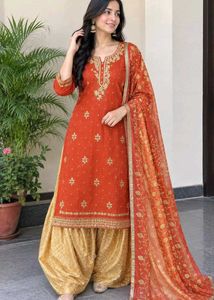 Orange Kurta Set with Golden Pants