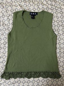 Olive Green Sleeveless Top with Lace Trim