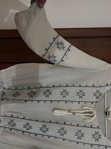 Off White Blue Embroidered Top Clinched At Waist